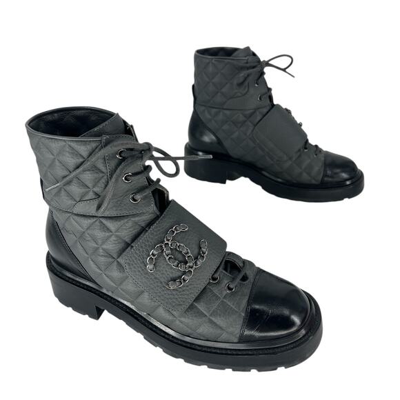 Chanel 2022 CC Chain Quilted Cap Toe Logo Combat Boots in Gray & Black - Picture 4 of 15